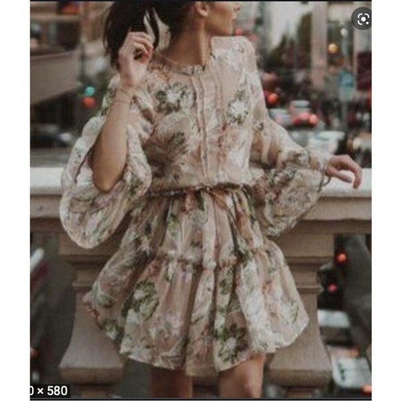 Princess Polly Boho Eden Bloom Tiered Mini Dress Floral Sheer Ruffle Tan Green 6 - Picture 2 of 11